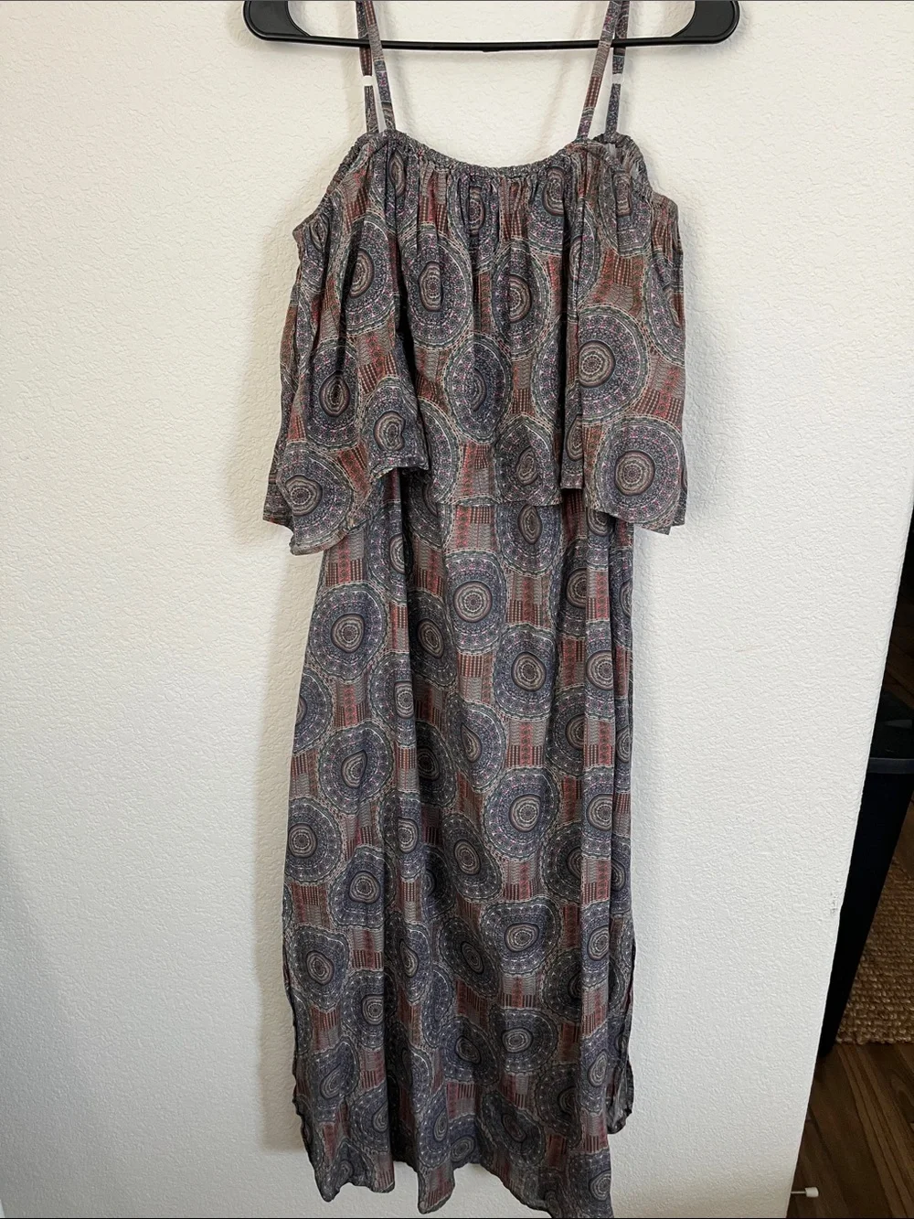 Market Place Boho Printed Maxi Dress with Spaghetti Straps in Gray and Brown